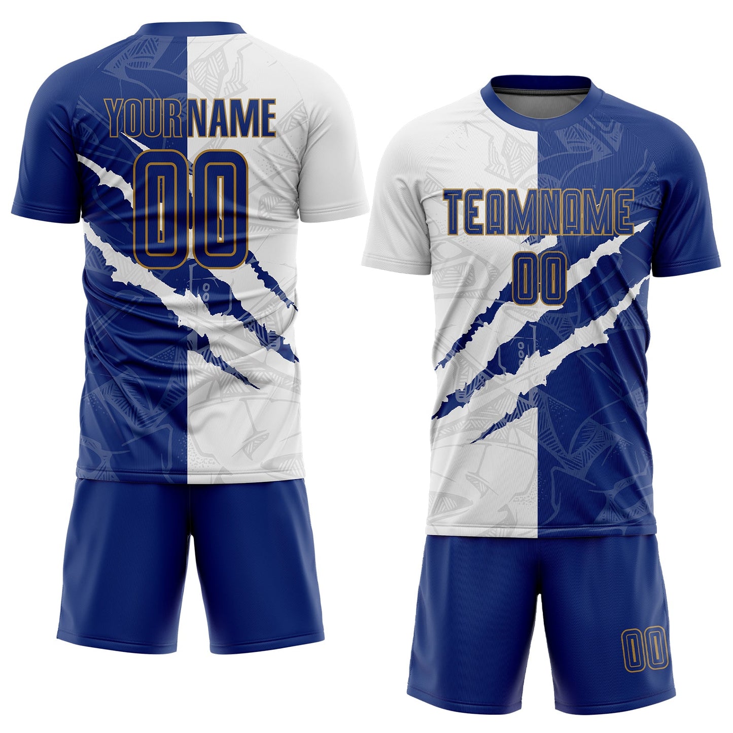 Custom Graffiti Pattern Royal White-Old Gold Scratch Sublimation Soccer Uniform Jersey Limited