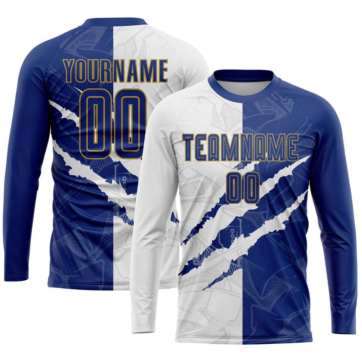Custom Graffiti Pattern Royal White-Old Gold Scratch Sublimation Soccer Uniform Jersey Limited