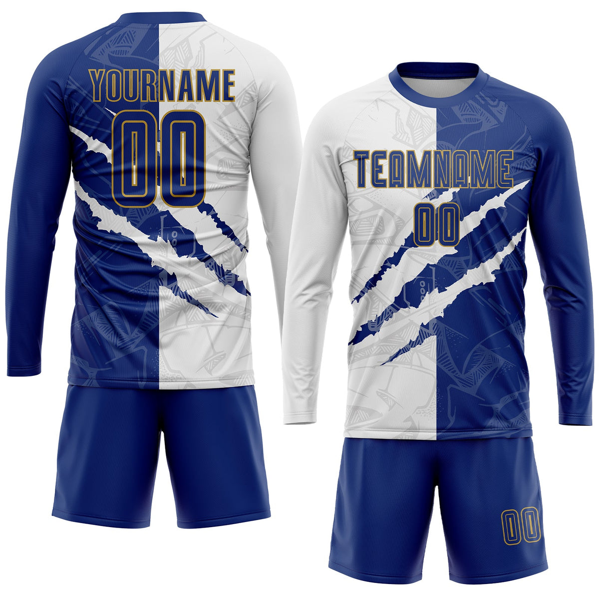 Custom Graffiti Pattern Royal White-Old Gold Scratch Sublimation Soccer Uniform Jersey Limited