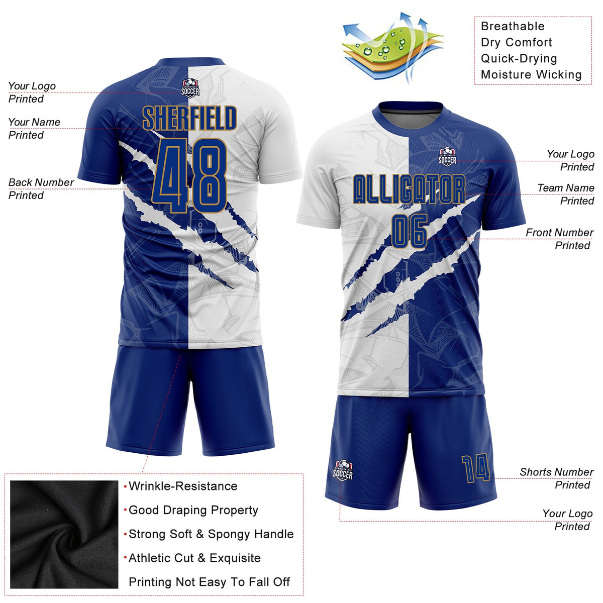 Custom Graffiti Pattern Royal White-Old Gold Scratch Sublimation Soccer Uniform Jersey Limited