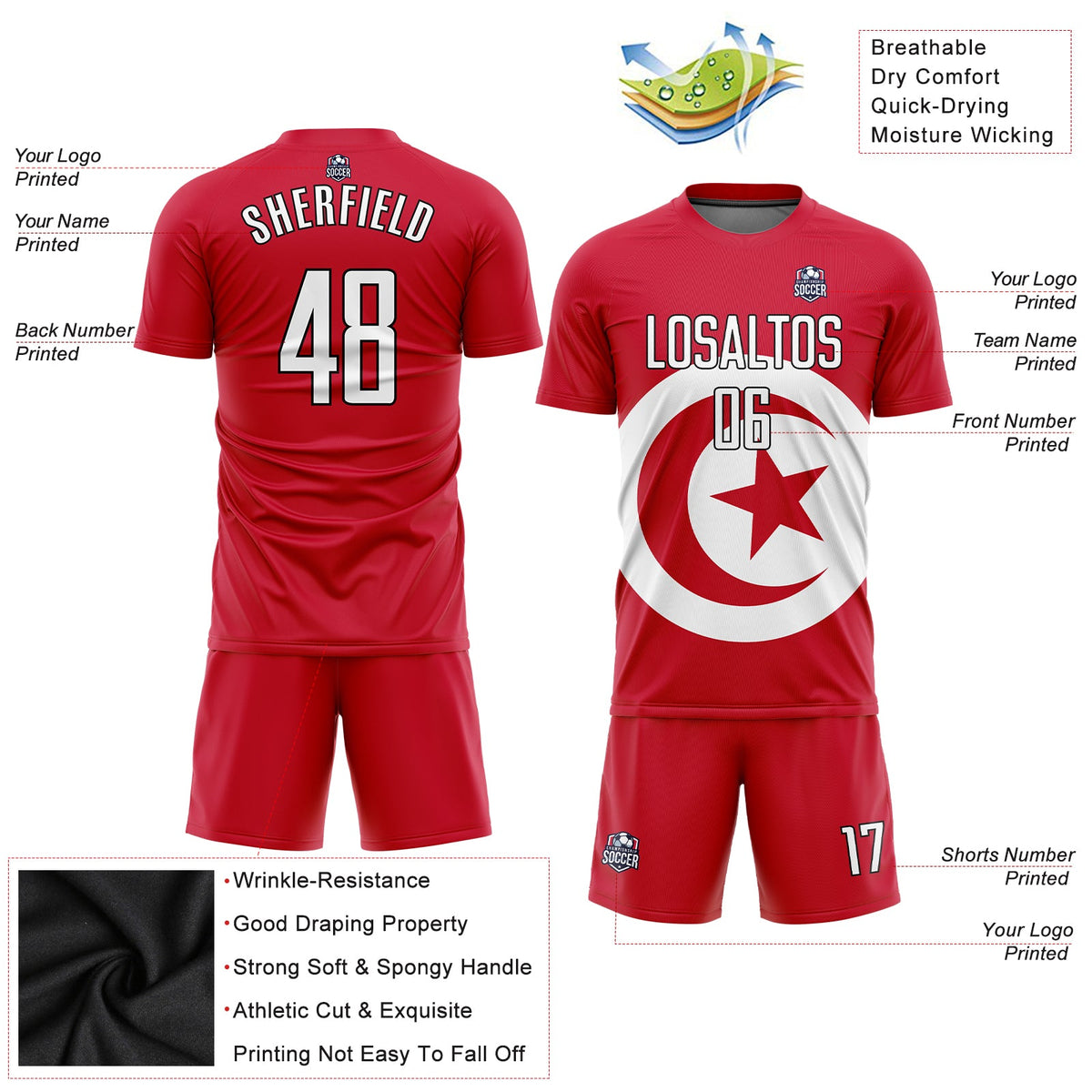 Custom Red White-Black Sublimation Tunisian Flag Soccer Uniform Jersey Limited