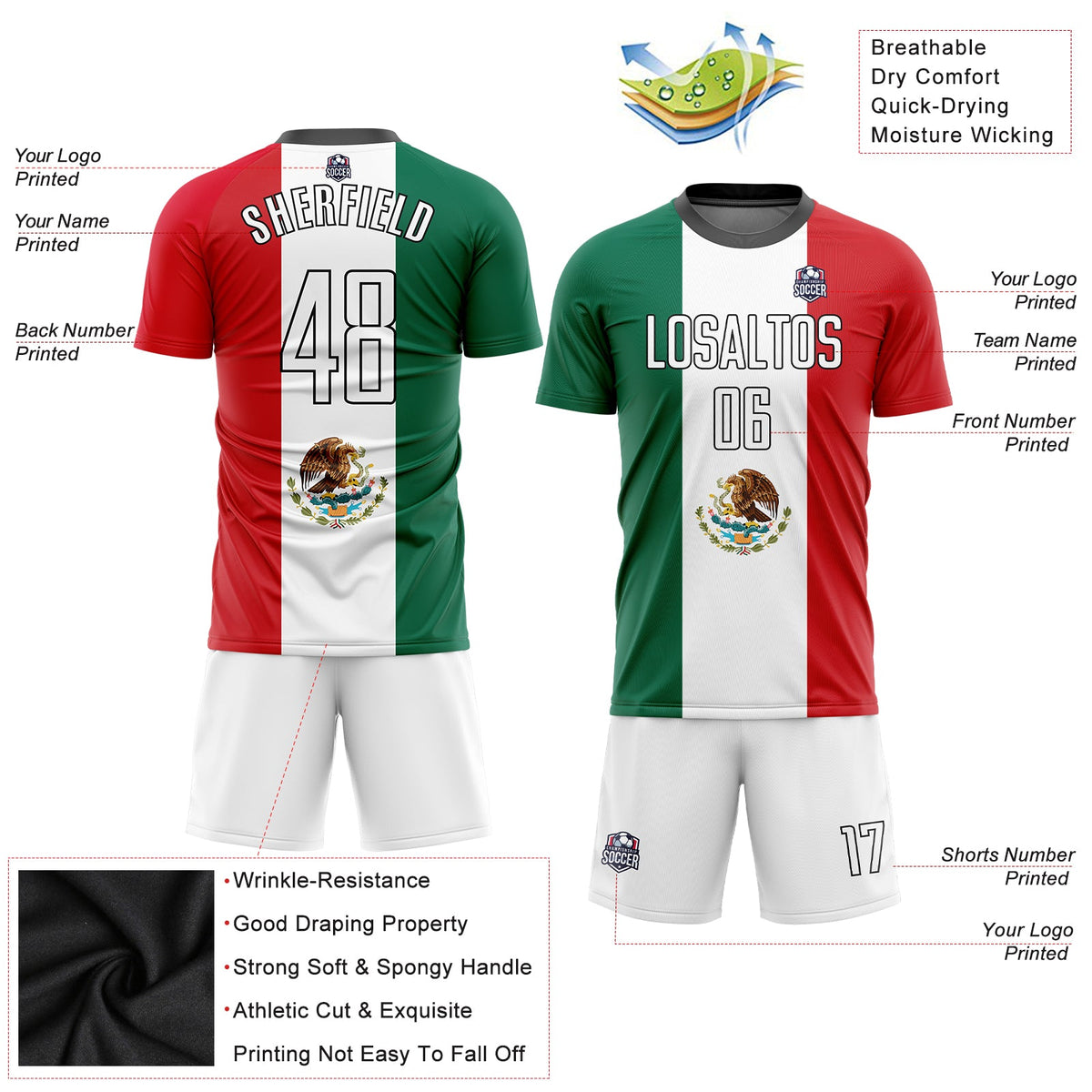 Custom Kelly Green White Red-Black Sublimation Mexican Flag Soccer Uniform Jersey Limited
