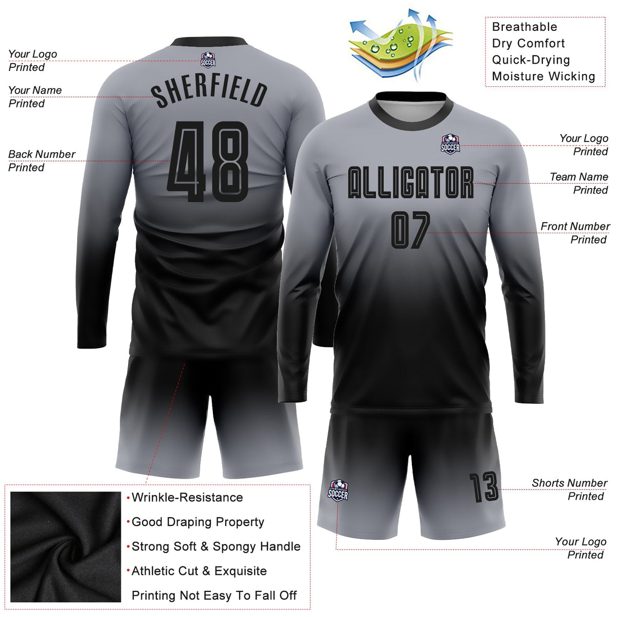 Custom Gray Black Sublimation Long Sleeve Fade Fashion Soccer Uniform Jersey Limited