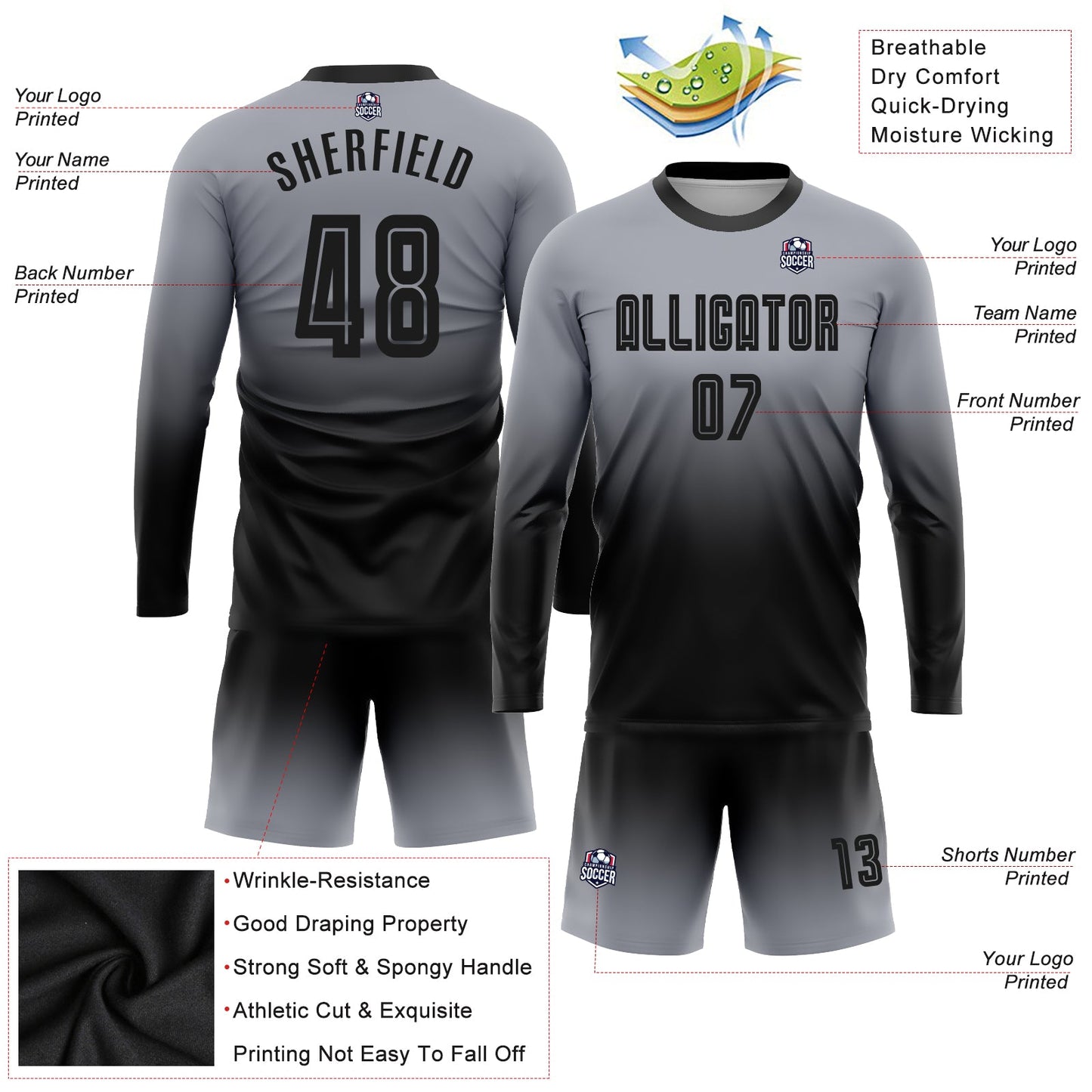 Custom Gray Black Sublimation Long Sleeve Fade Fashion Soccer Uniform Jersey Limited