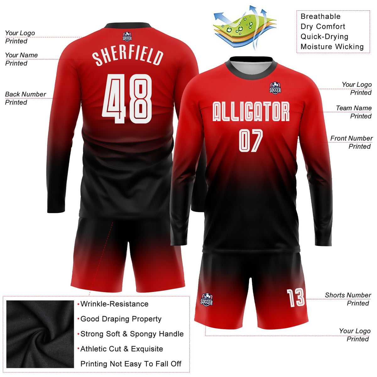 Custom Red White-Black Sublimation Long Sleeve Fade Fashion Soccer Uniform Jersey Limited