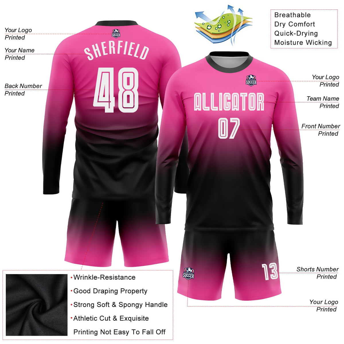 Custom Pink White-Black Sublimation Long Sleeve Fade Fashion Soccer Uniform Jersey Limited