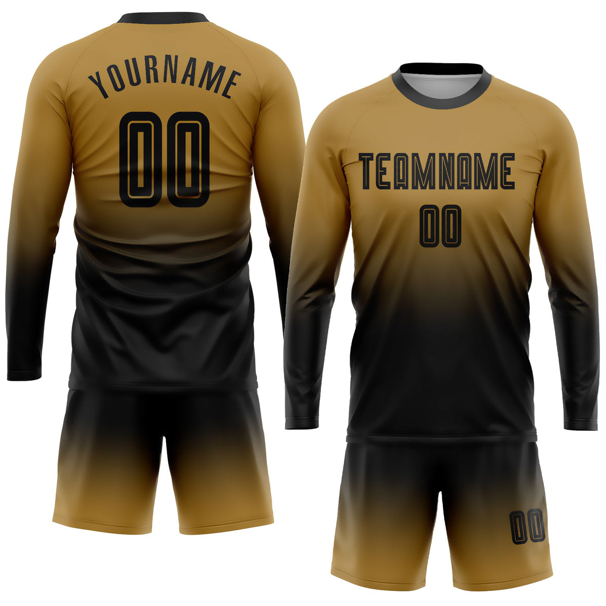 Custom Old Gold Black Sublimation Long Sleeve Fade Fashion Soccer Uniform Jersey Limited