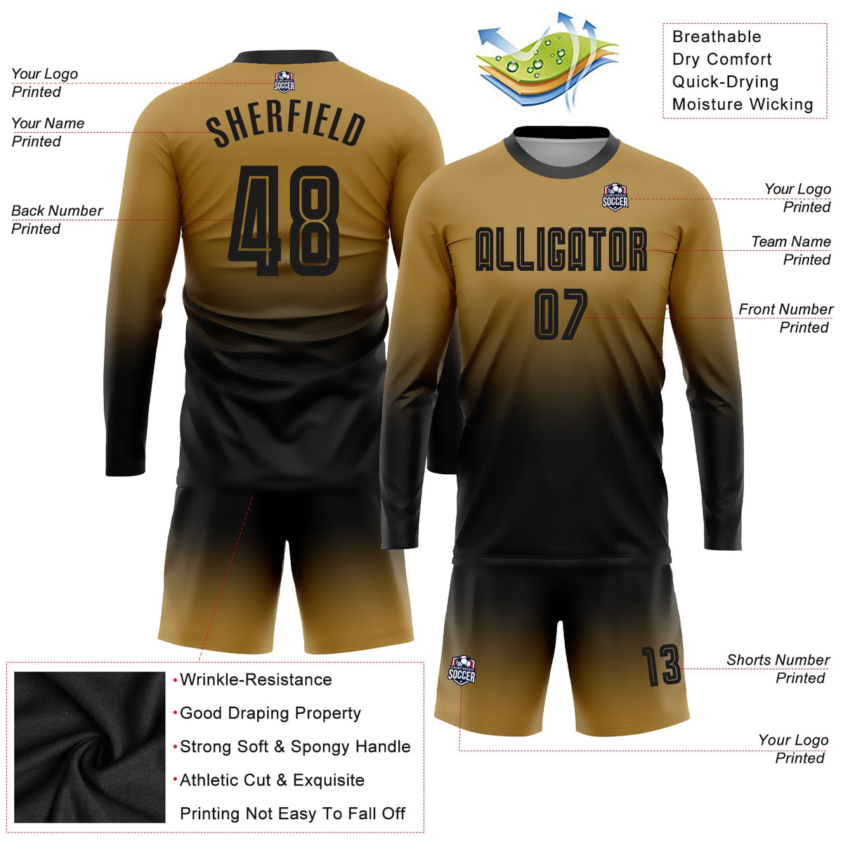 Custom Old Gold Black Sublimation Long Sleeve Fade Fashion Soccer Uniform Jersey Limited