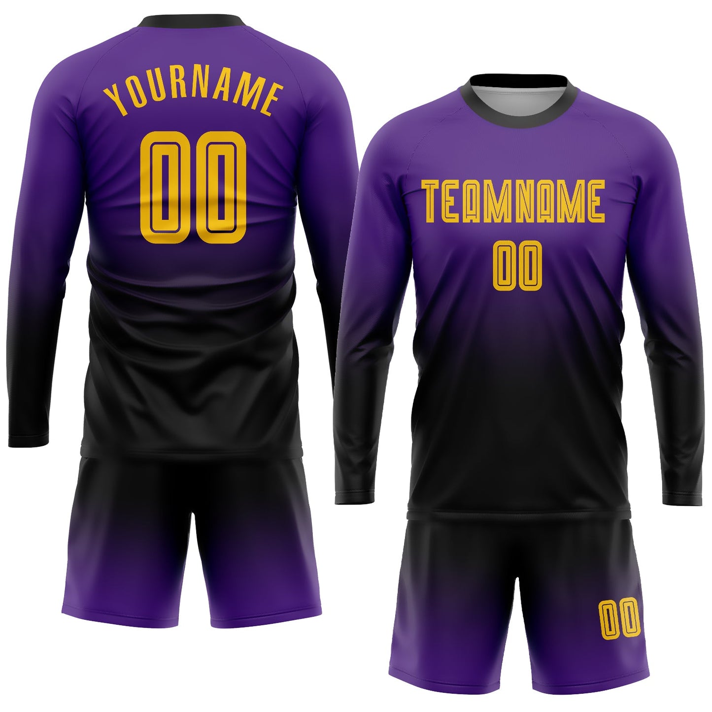 Custom Purple Gold-Black Sublimation Long Sleeve Fade Fashion Soccer Uniform Jersey Limited