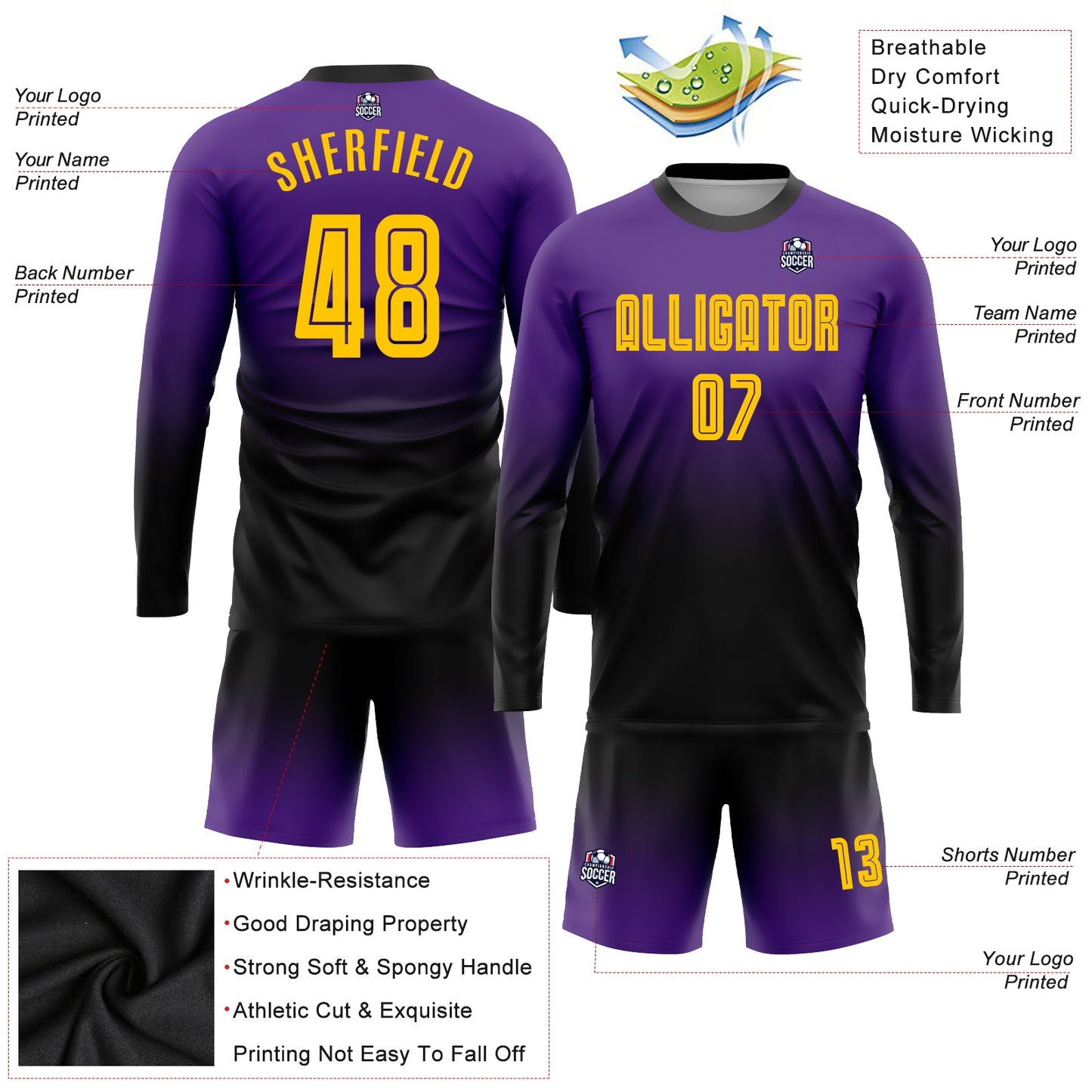 Custom Purple Gold-Black Sublimation Long Sleeve Fade Fashion Soccer Uniform Jersey Limited