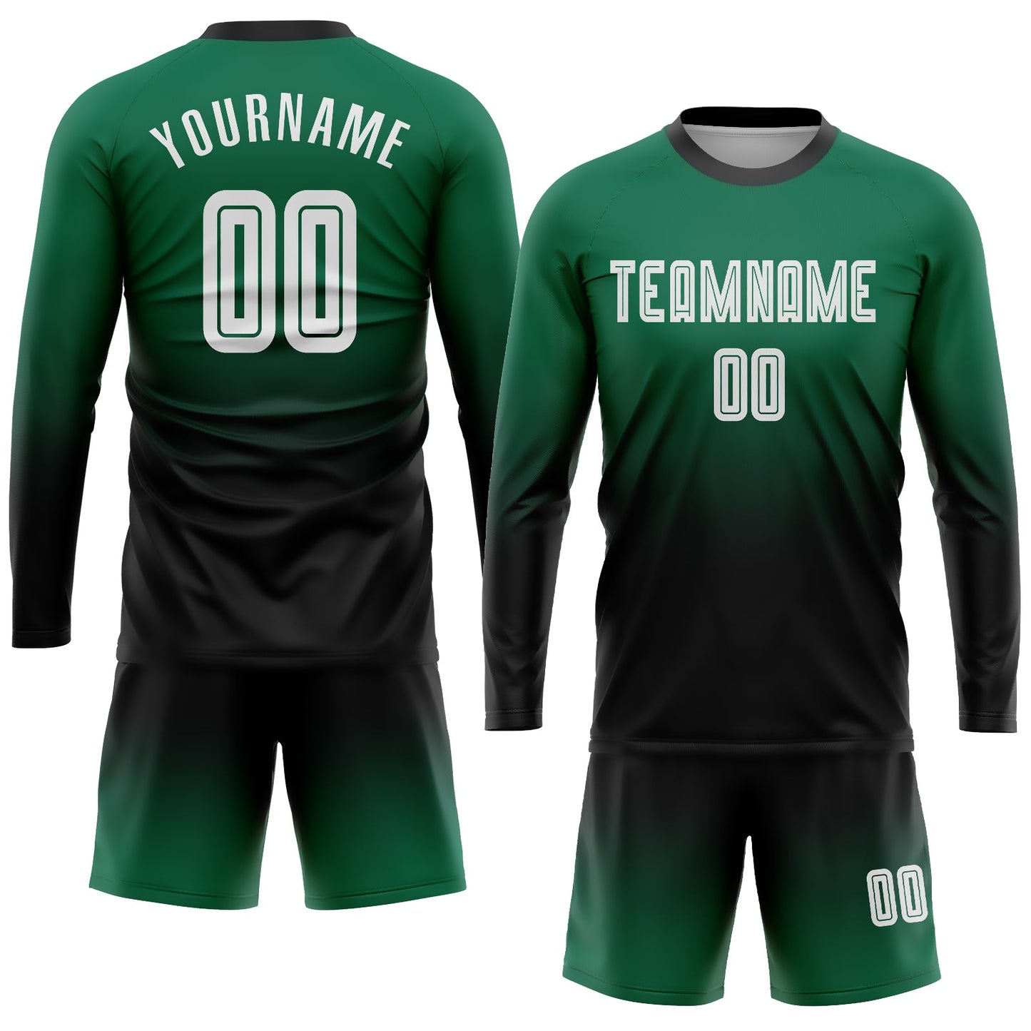 Custom Kelly Green White-Black Sublimation Long Sleeve Fade Fashion Soccer Uniform Jersey Limited