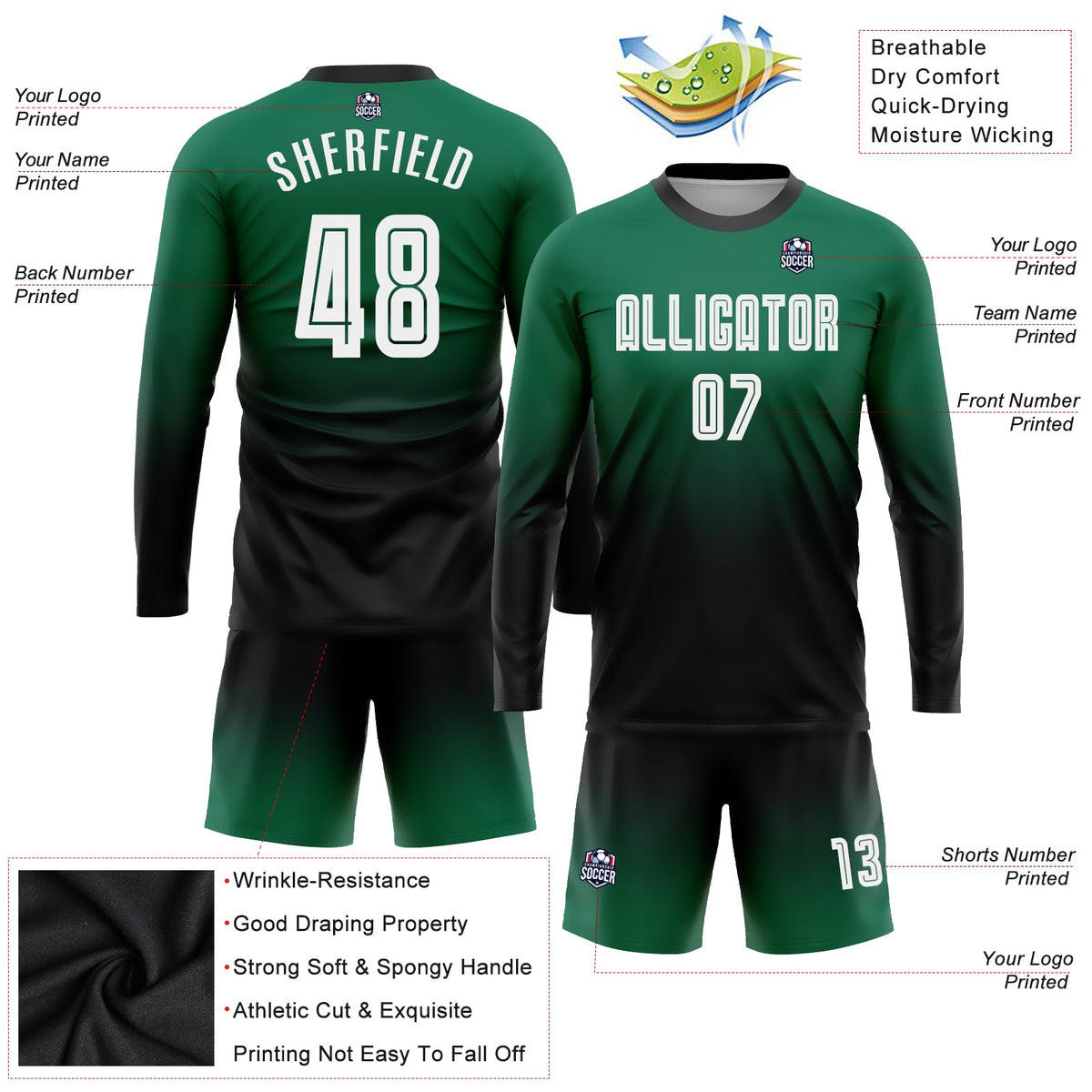 Custom Kelly Green White-Black Sublimation Long Sleeve Fade Fashion Soccer Uniform Jersey Limited