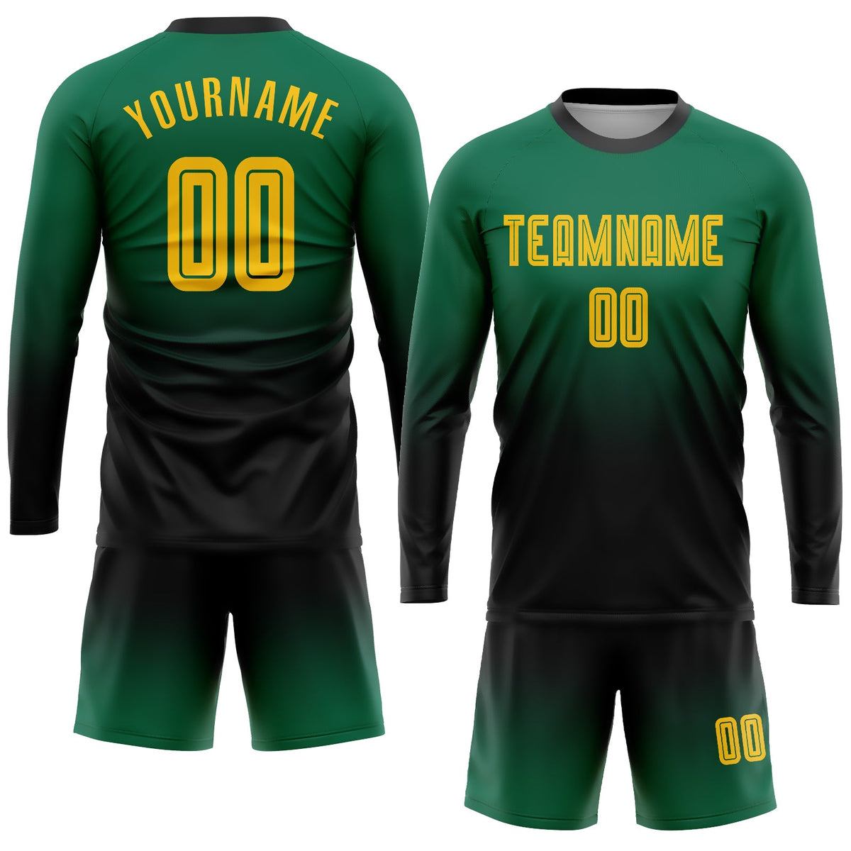 Custom Kelly Green Gold-Black Sublimation Long Sleeve Fade Fashion Soccer Uniform Jersey Limited
