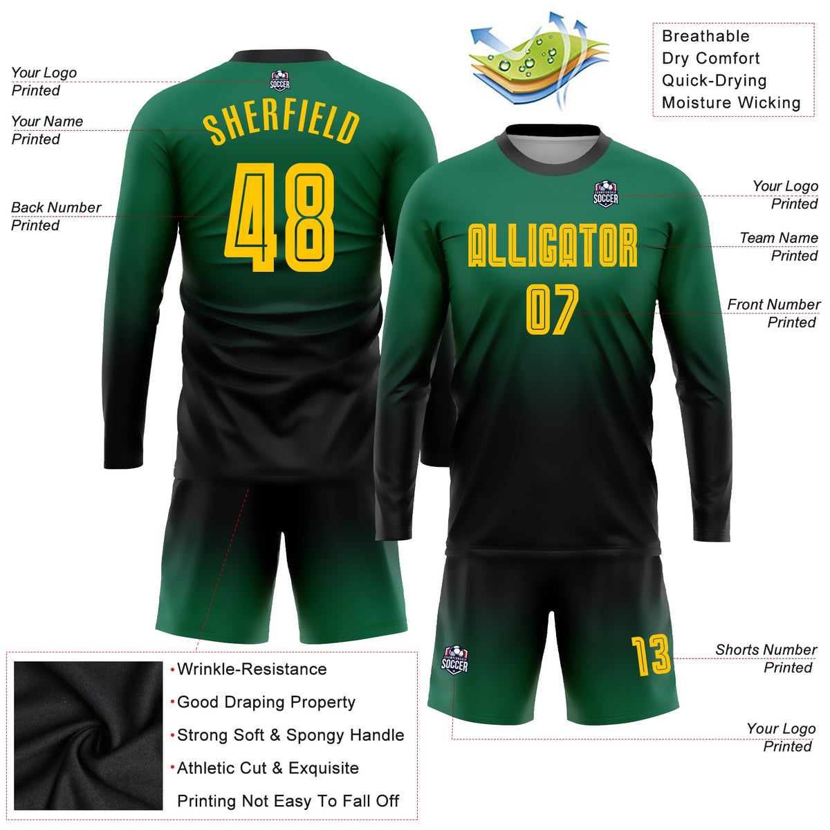 Custom Kelly Green Gold-Black Sublimation Long Sleeve Fade Fashion Soccer Uniform Jersey Limited