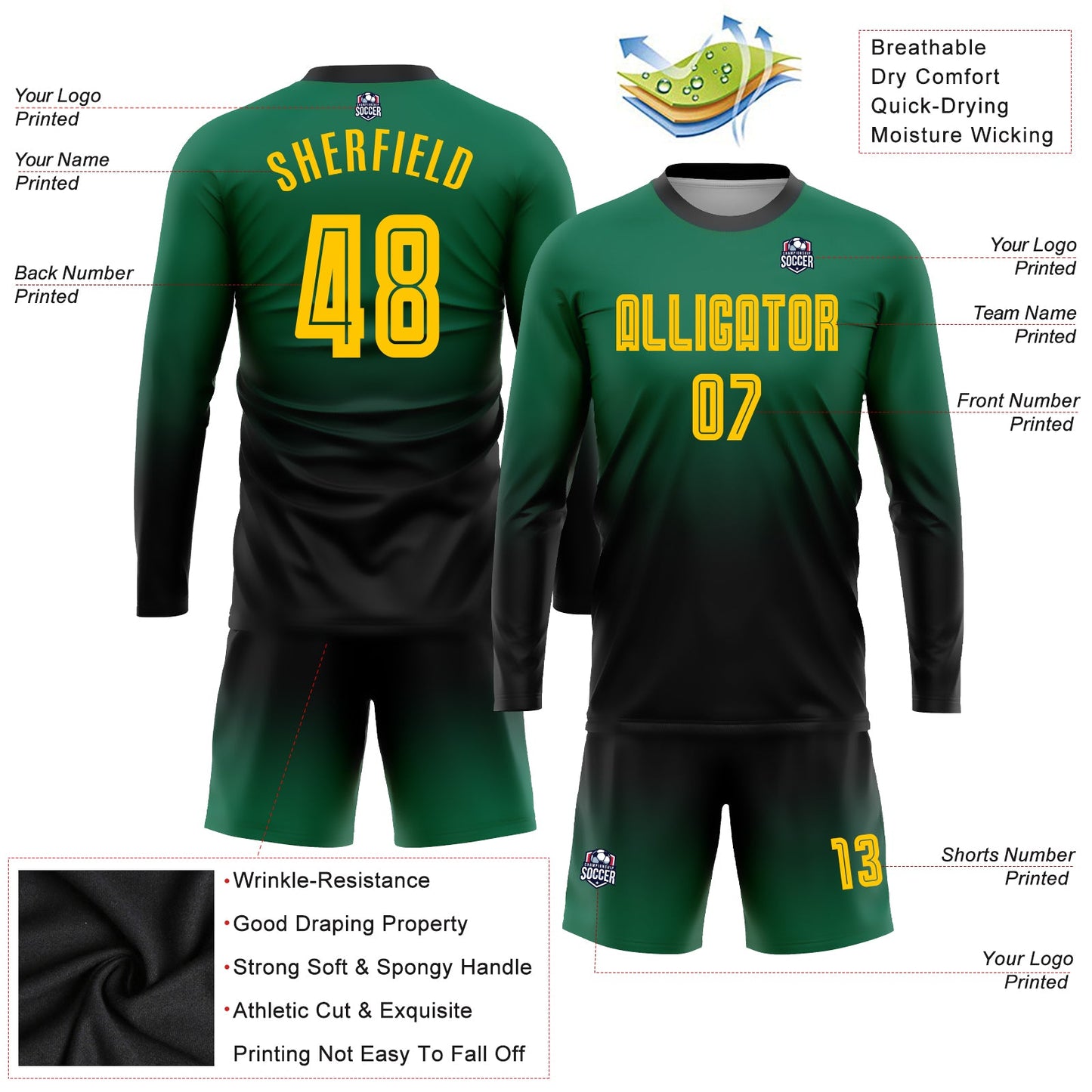 Custom Kelly Green Gold-Black Sublimation Long Sleeve Fade Fashion Soccer Uniform Jersey Limited