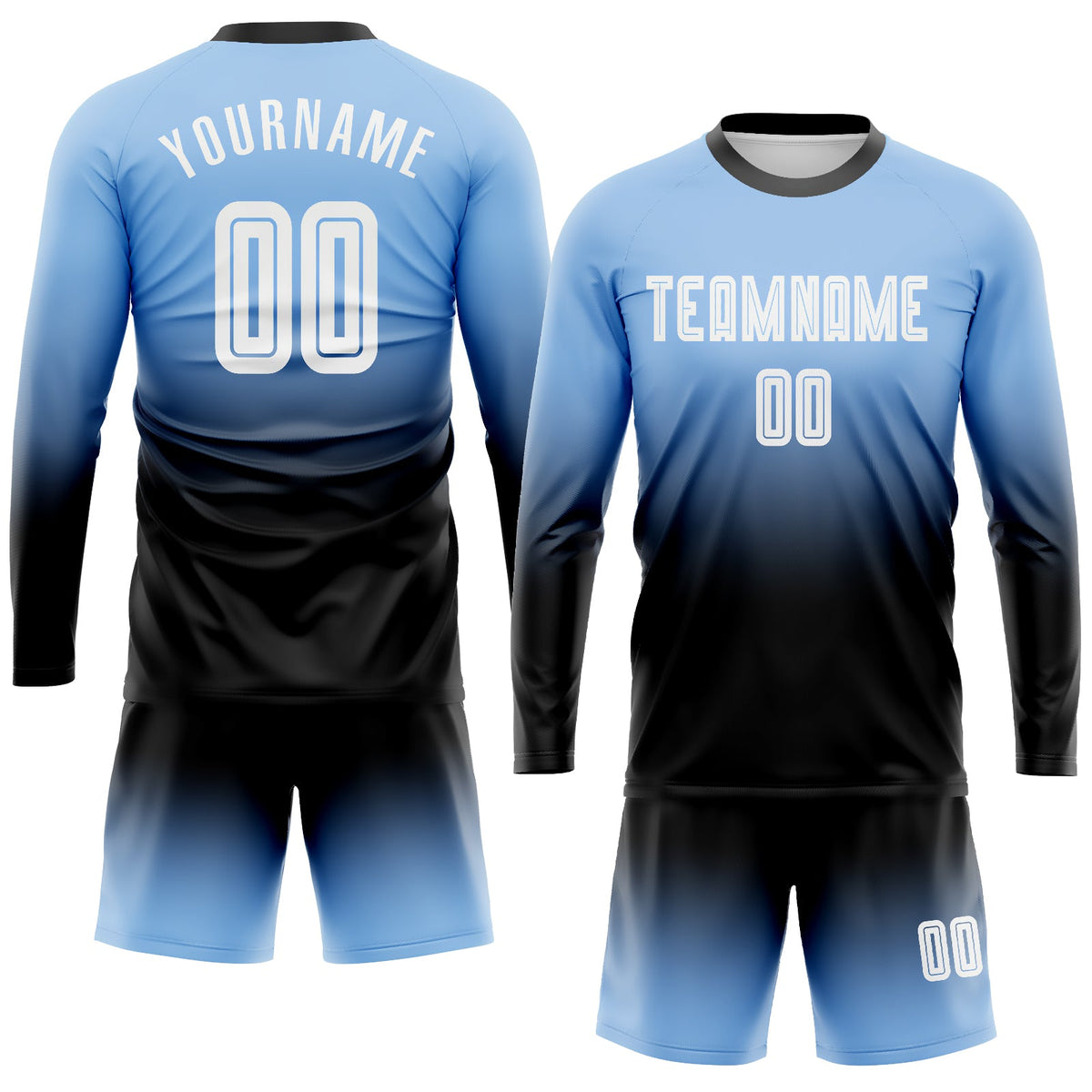 Custom Light Blue White-Black Sublimation Long Sleeve Fade Fashion Soccer Uniform Jersey Limited