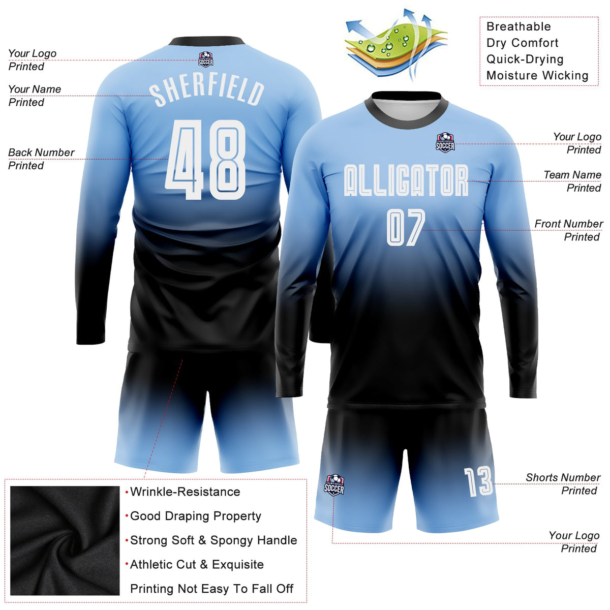 Custom Light Blue White-Black Sublimation Long Sleeve Fade Fashion Soccer Uniform Jersey Limited