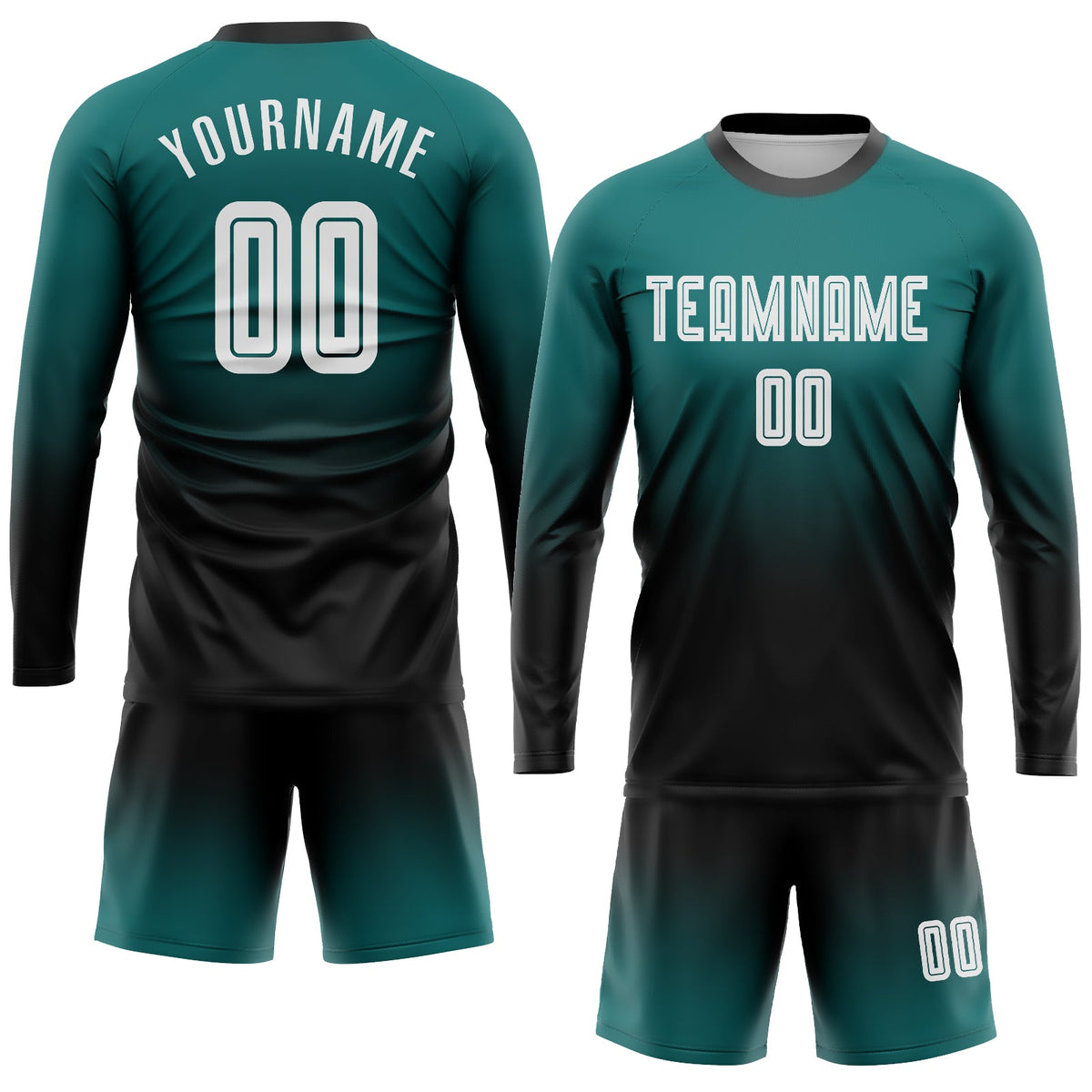 Custom Teal White-Black Sublimation Long Sleeve Fade Fashion Soccer Uniform Jersey Limited
