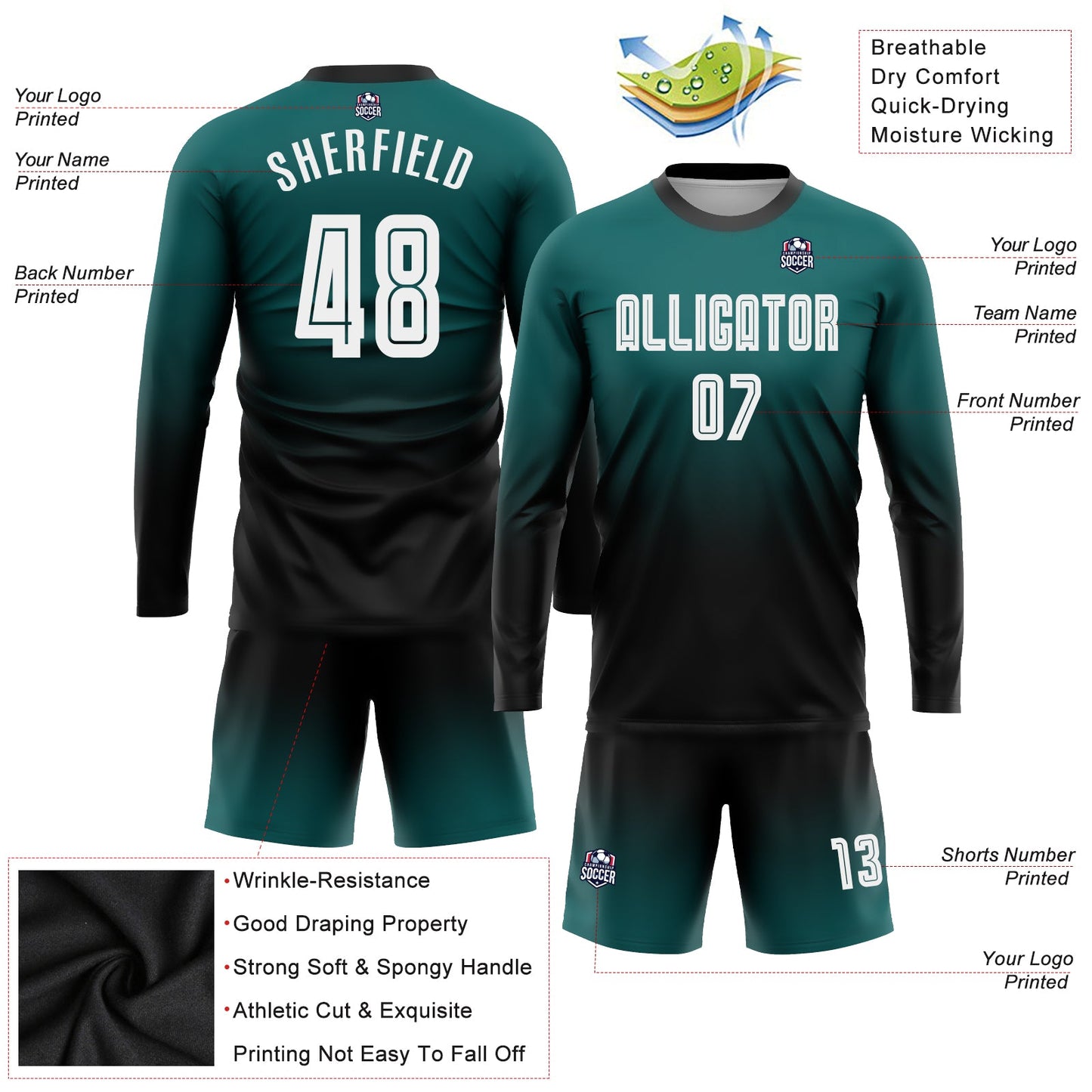 Custom Teal White-Black Sublimation Long Sleeve Fade Fashion Soccer Uniform Jersey Limited