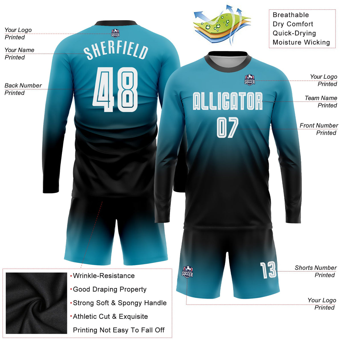 Custom Panther Blue White-Black Sublimation Long Sleeve Fade Fashion Soccer Uniform Jersey Limited