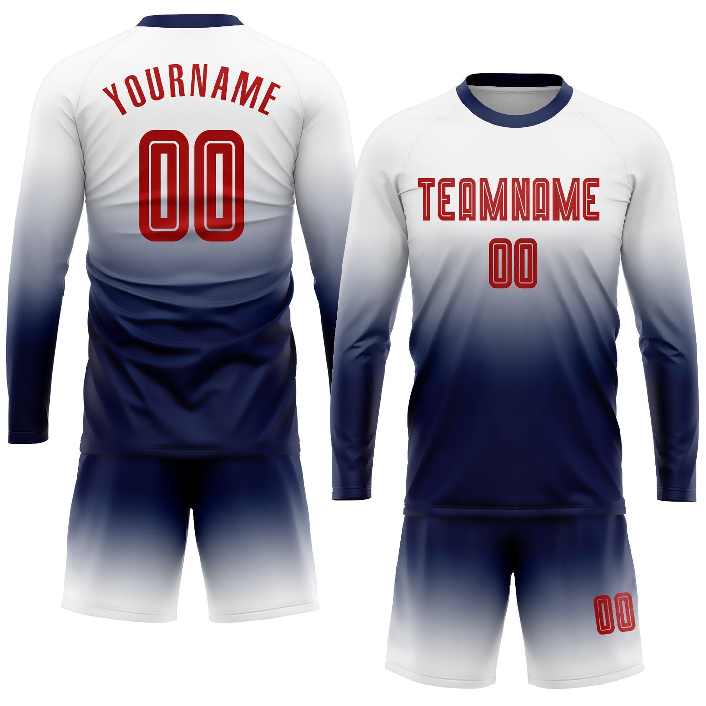 Custom White Red-Navy Sublimation Long Sleeve Fade Fashion Soccer Uniform Jersey Limited