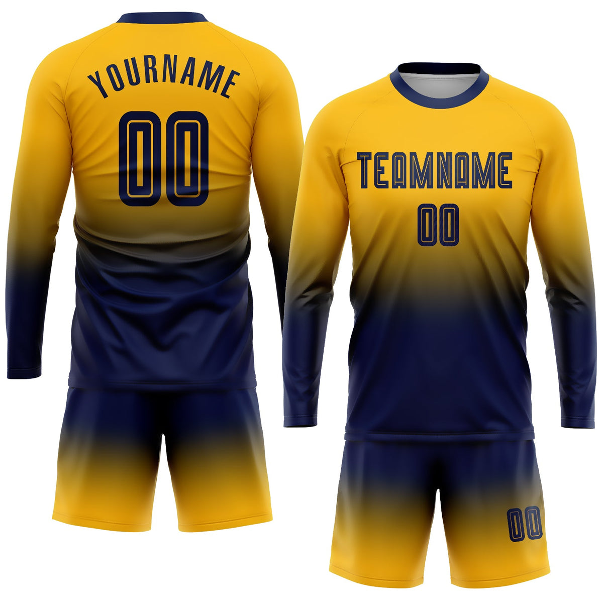 Custom Gold Navy Sublimation Long Sleeve Fade Fashion Soccer Uniform Jersey Limited