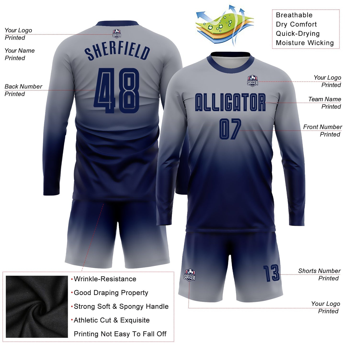 Custom Gray Navy Sublimation Long Sleeve Fade Fashion Soccer Uniform Jersey Limited