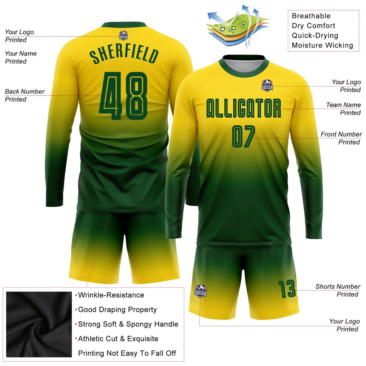 Custom Gold Green Sublimation Long Sleeve Fade Fashion Soccer Uniform Jersey Limited