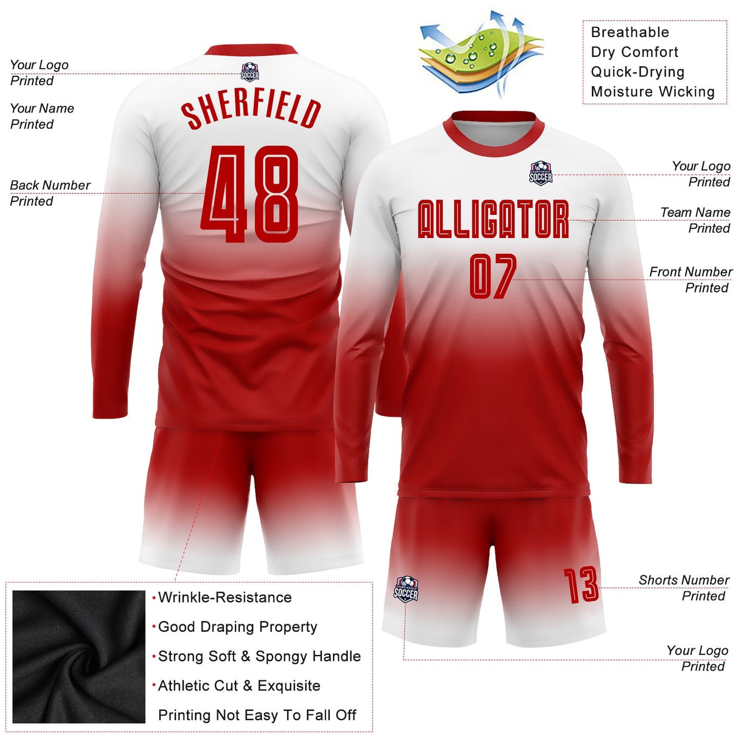 Custom White Red Sublimation Long Sleeve Fade Fashion Soccer Uniform Jersey Limited