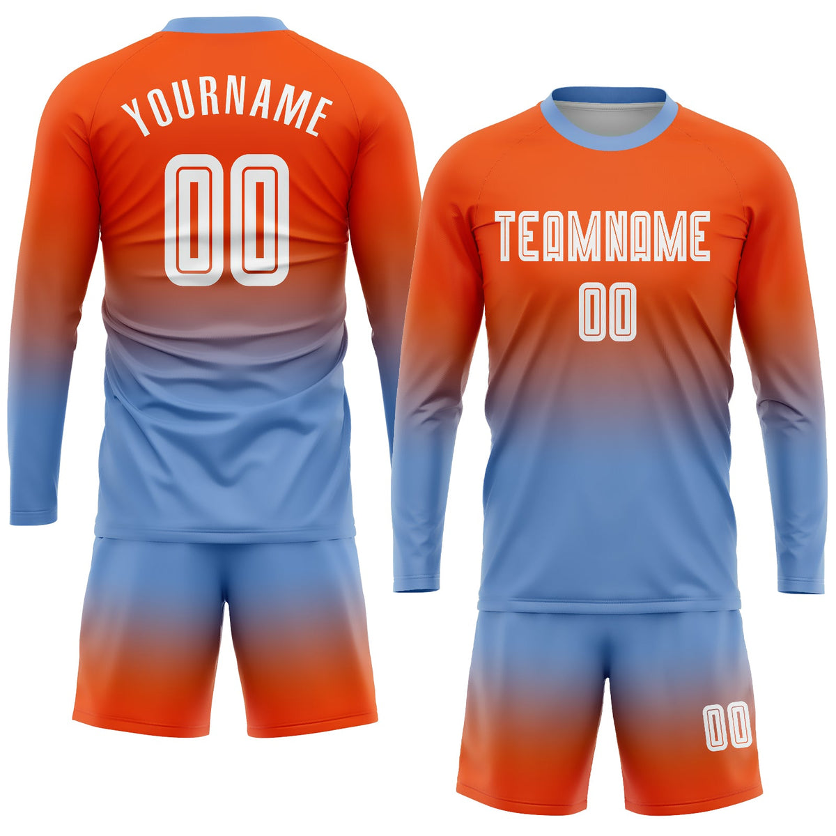 Custom Orange White-Light Blue Sublimation Long Sleeve Fade Fashion Soccer Uniform Jersey Limited