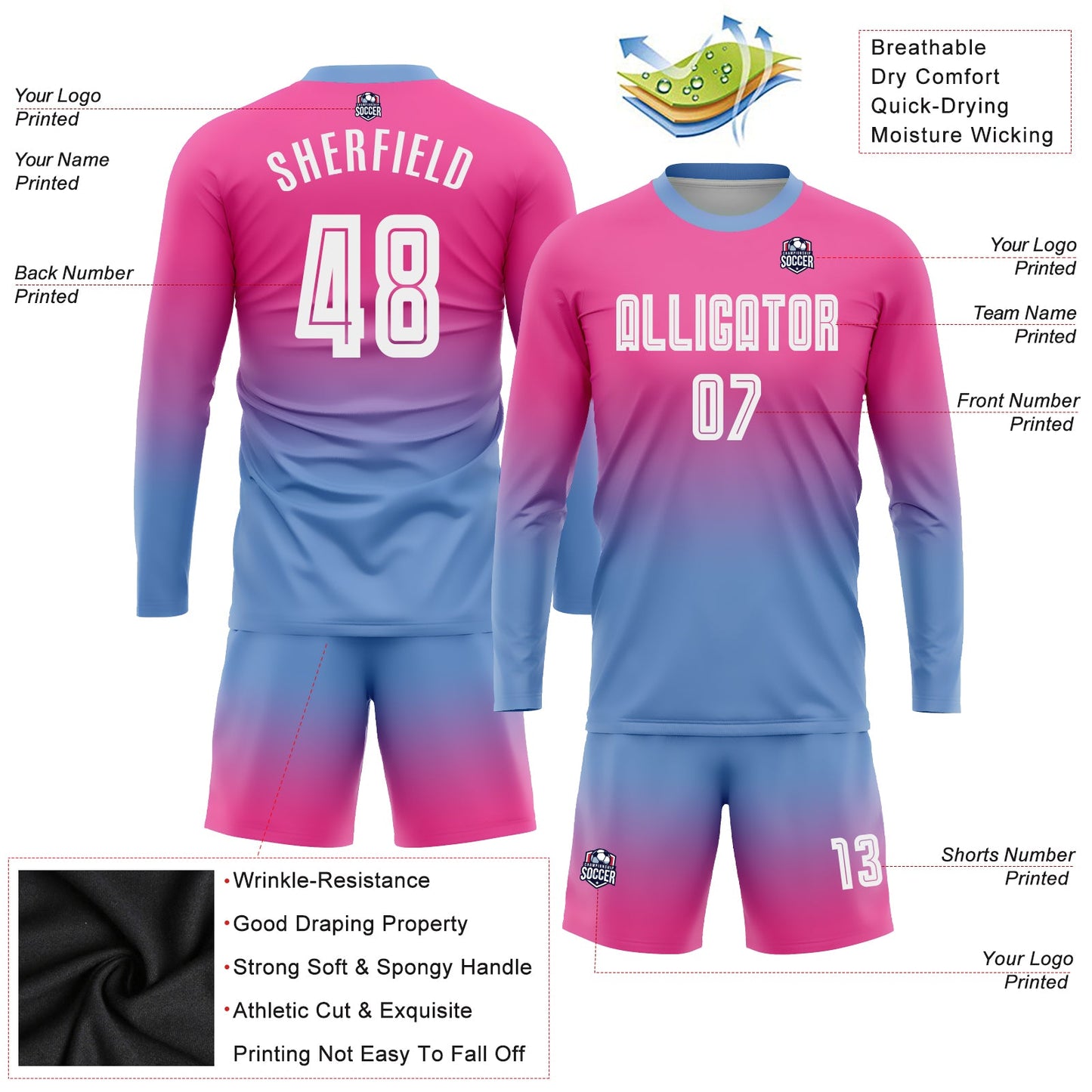 Custom Pink White-Light Blue Sublimation Long Sleeve Fade Fashion Soccer Uniform Jersey Limited