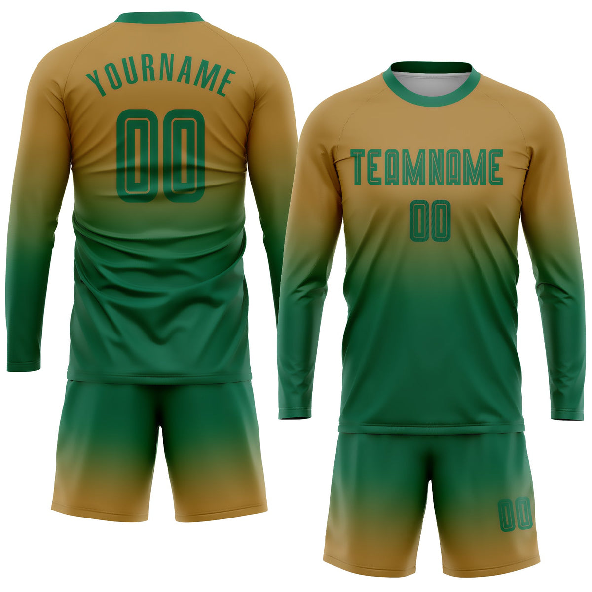 Custom Old Gold Kelly Green Sublimation Long Sleeve Fade Fashion Soccer Uniform Jersey Limited