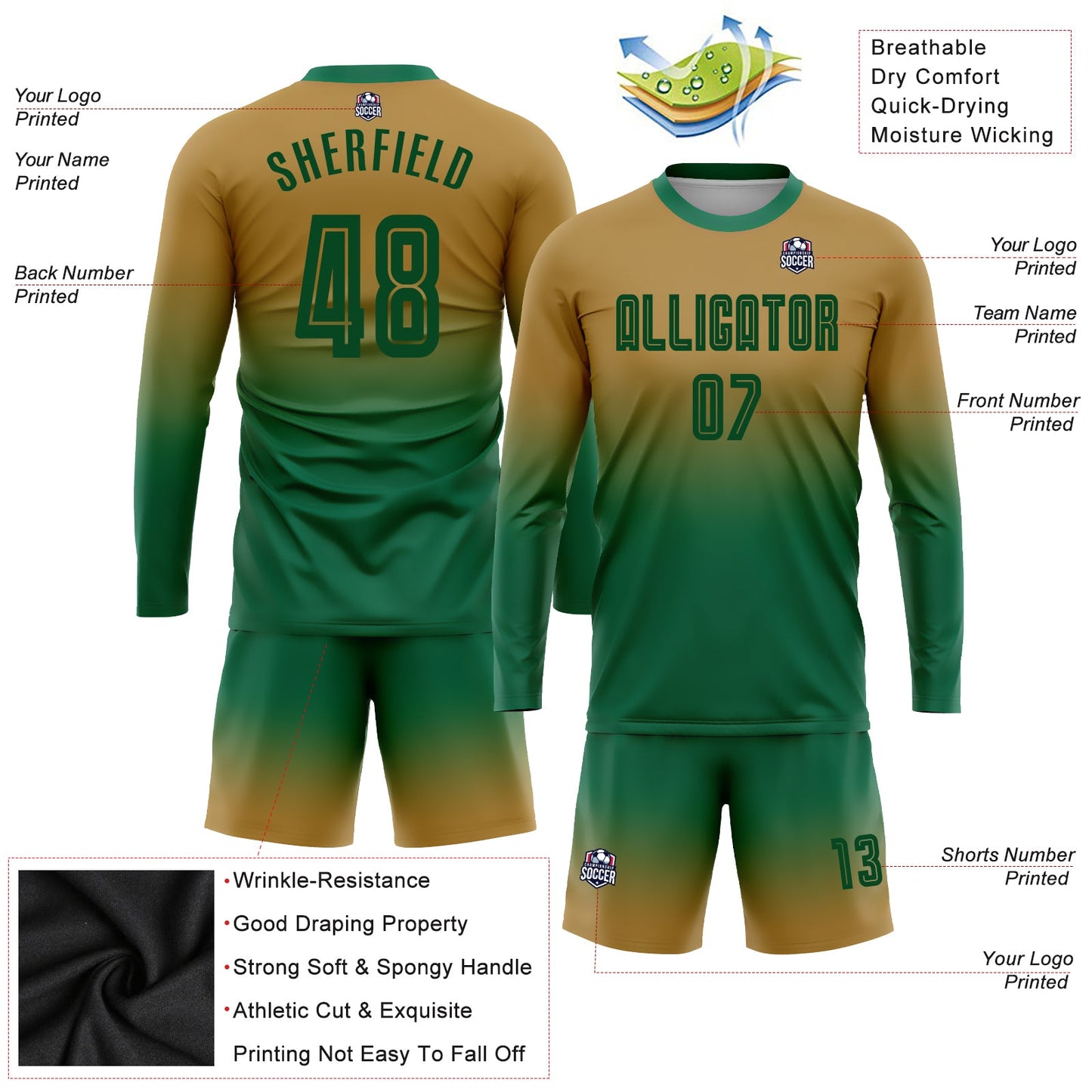 Custom Old Gold Kelly Green Sublimation Long Sleeve Fade Fashion Soccer Uniform Jersey Limited