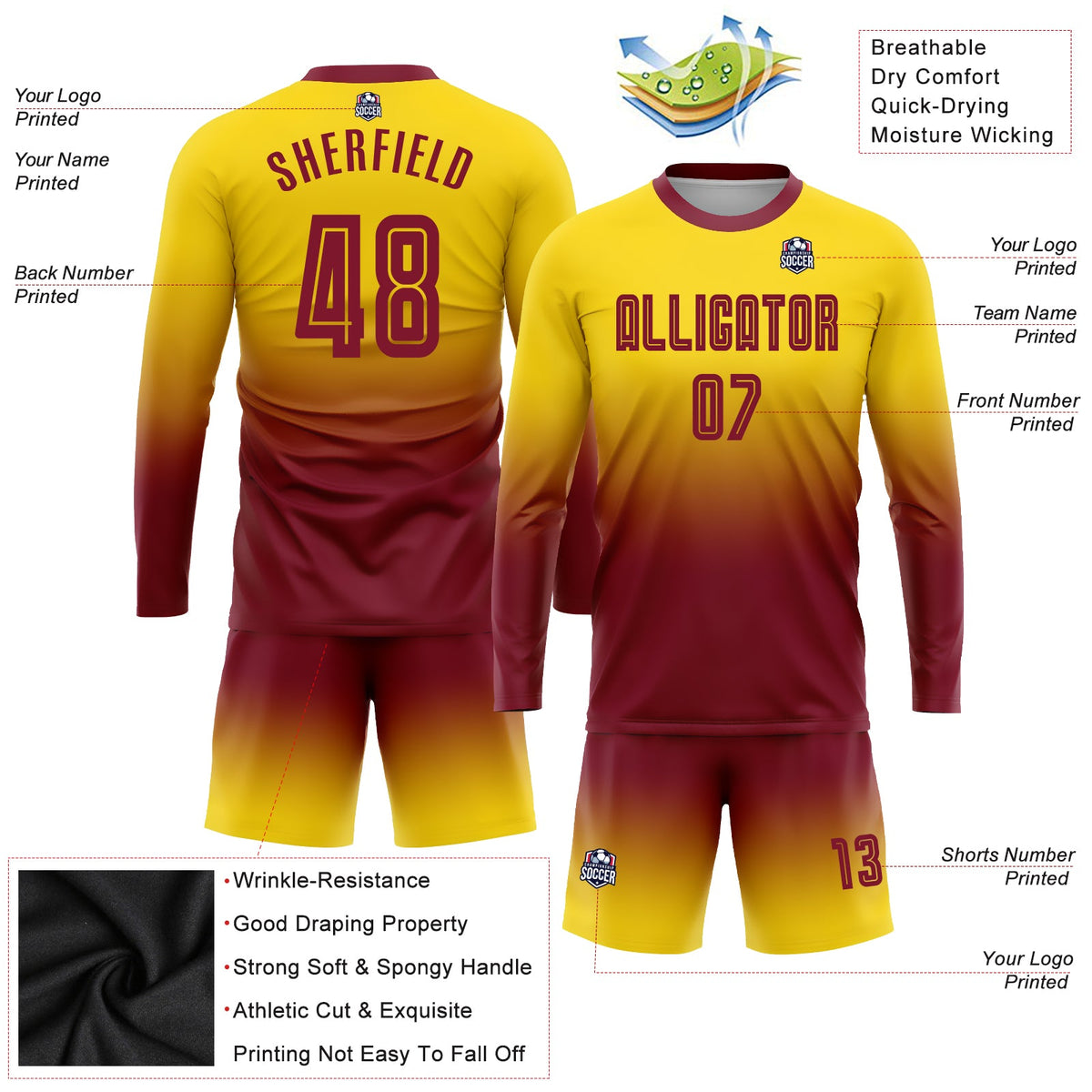 Custom Gold Crimson Sublimation Long Sleeve Fade Fashion Soccer Uniform Jersey Limited