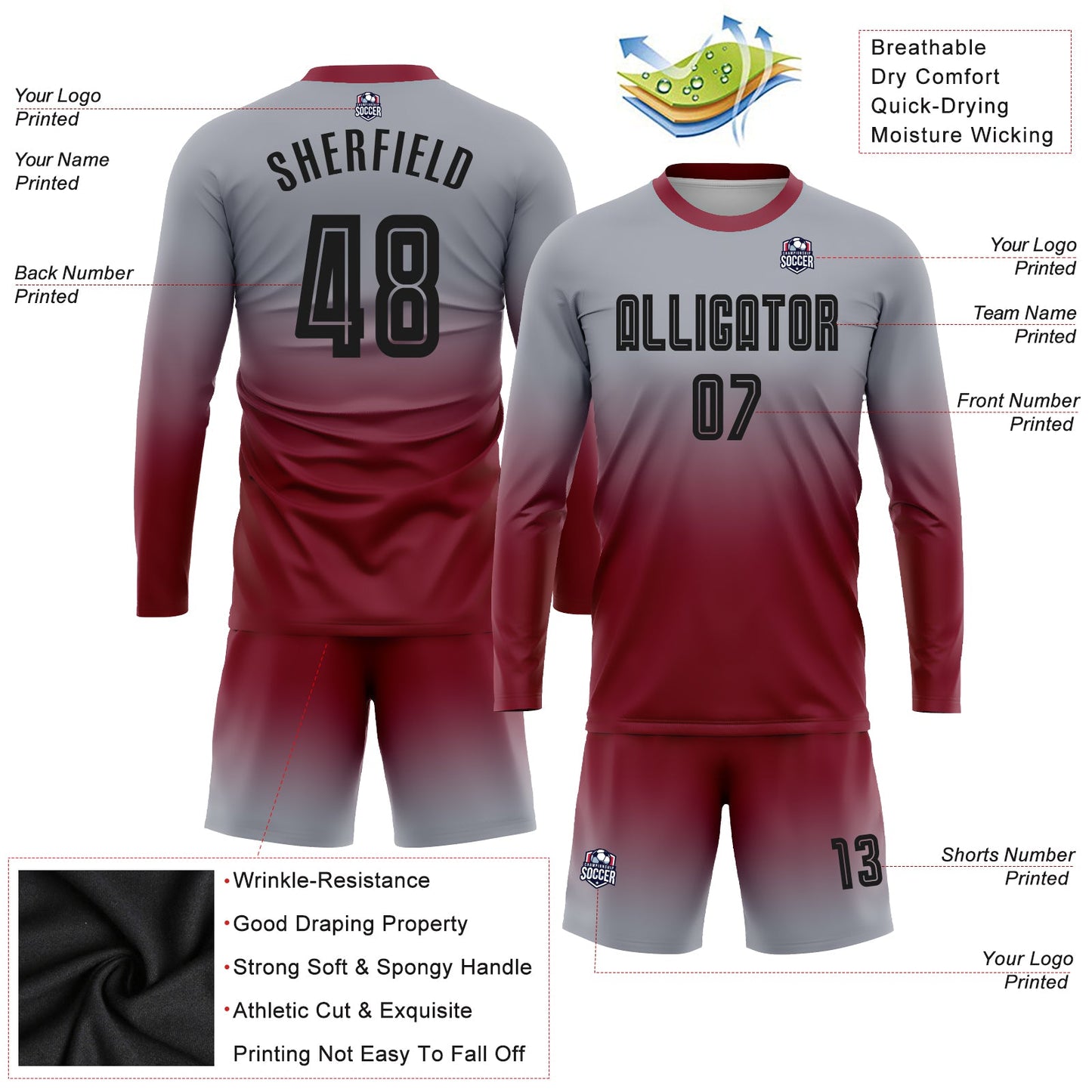 Custom Gray Black-Crimson Sublimation Long Sleeve Fade Fashion Soccer Uniform Jersey Limited