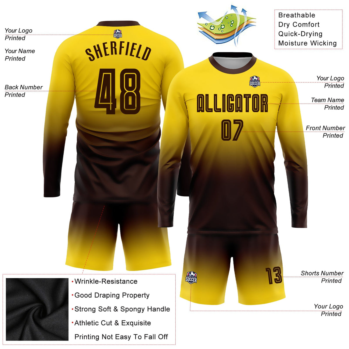 Custom Gold Brown Sublimation Long Sleeve Fade Fashion Soccer Uniform Jersey Limited