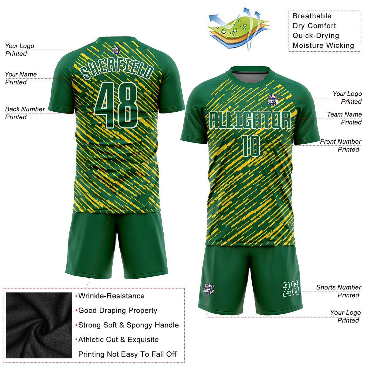 Custom Kelly Green Kelly Green-Gold Sublimation Soccer Uniform Jersey Limited