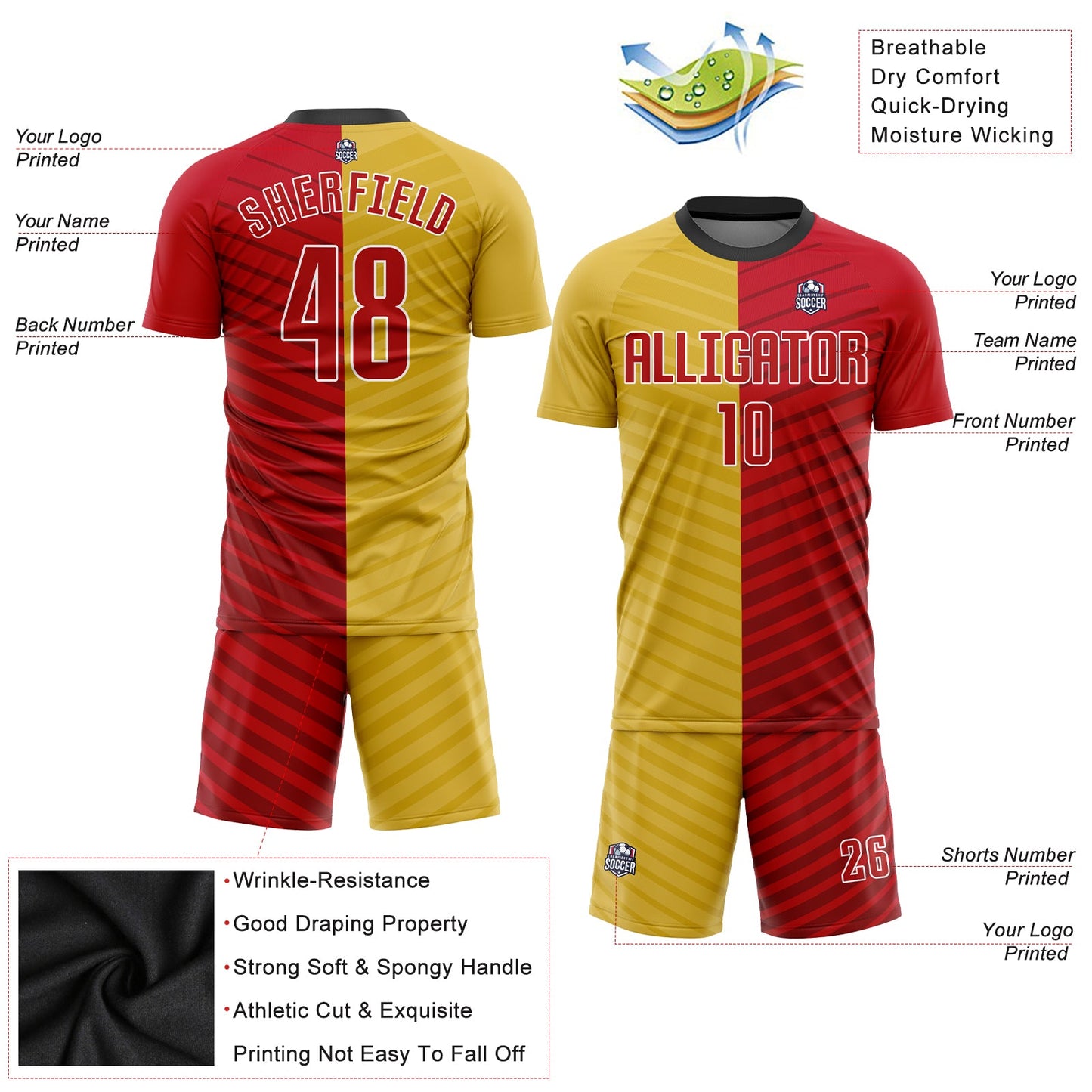 Custom Gold Red-White Sublimation Soccer Uniform Jersey Limited
