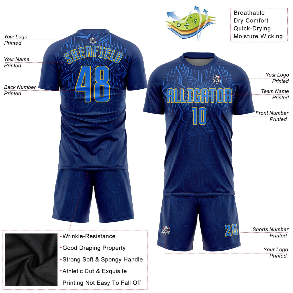 Custom Navy Royal-Gold Sublimation Soccer Uniform Jersey Limited
