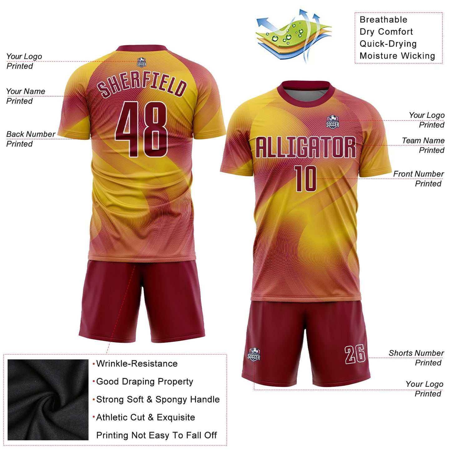 Custom Gold Crimson-White Sublimation Soccer Uniform Jersey Limited