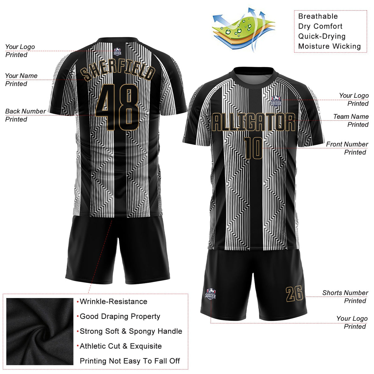 Custom Black Black-Old Gold Sublimation Soccer Uniform Jersey Limited