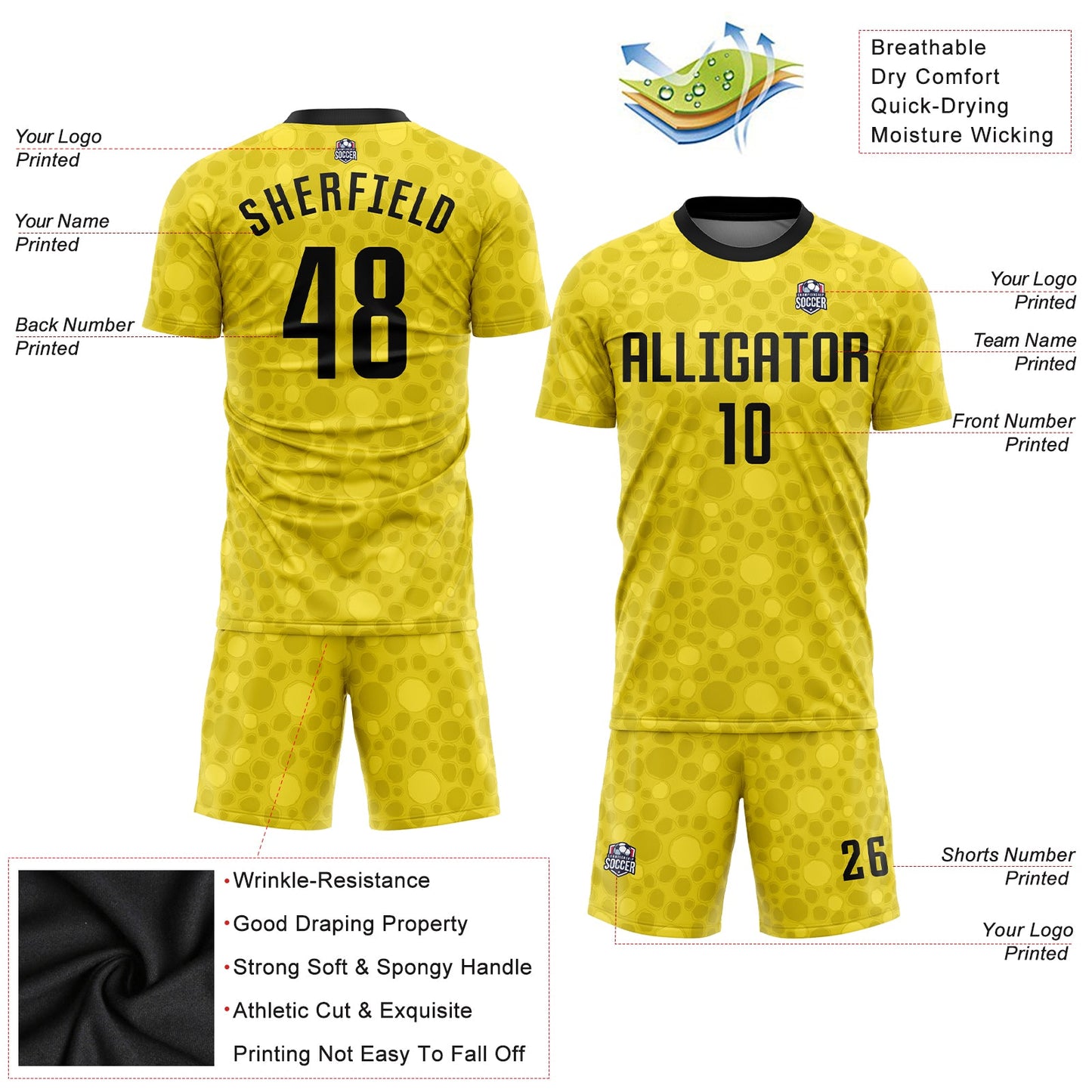 Custom Gold Black Sublimation Soccer Uniform Jersey Limited