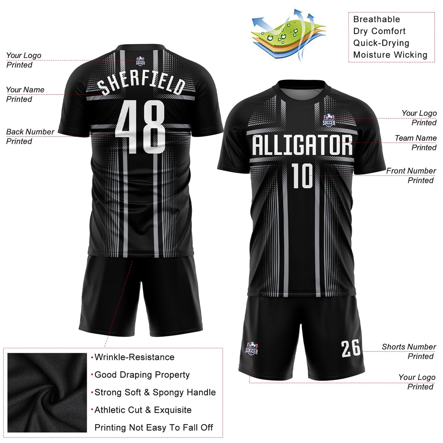 Custom Black White-Gray Sublimation Soccer Uniform Jersey Limited