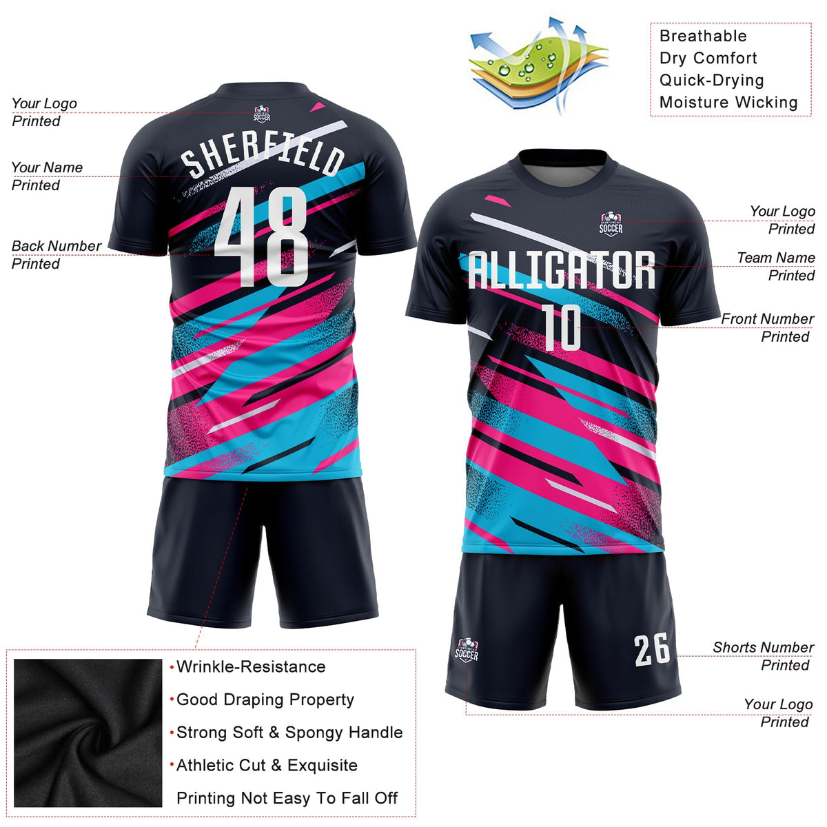 Custom Navy White Pink-Light Blue Sublimation Soccer Uniform Jersey Limited