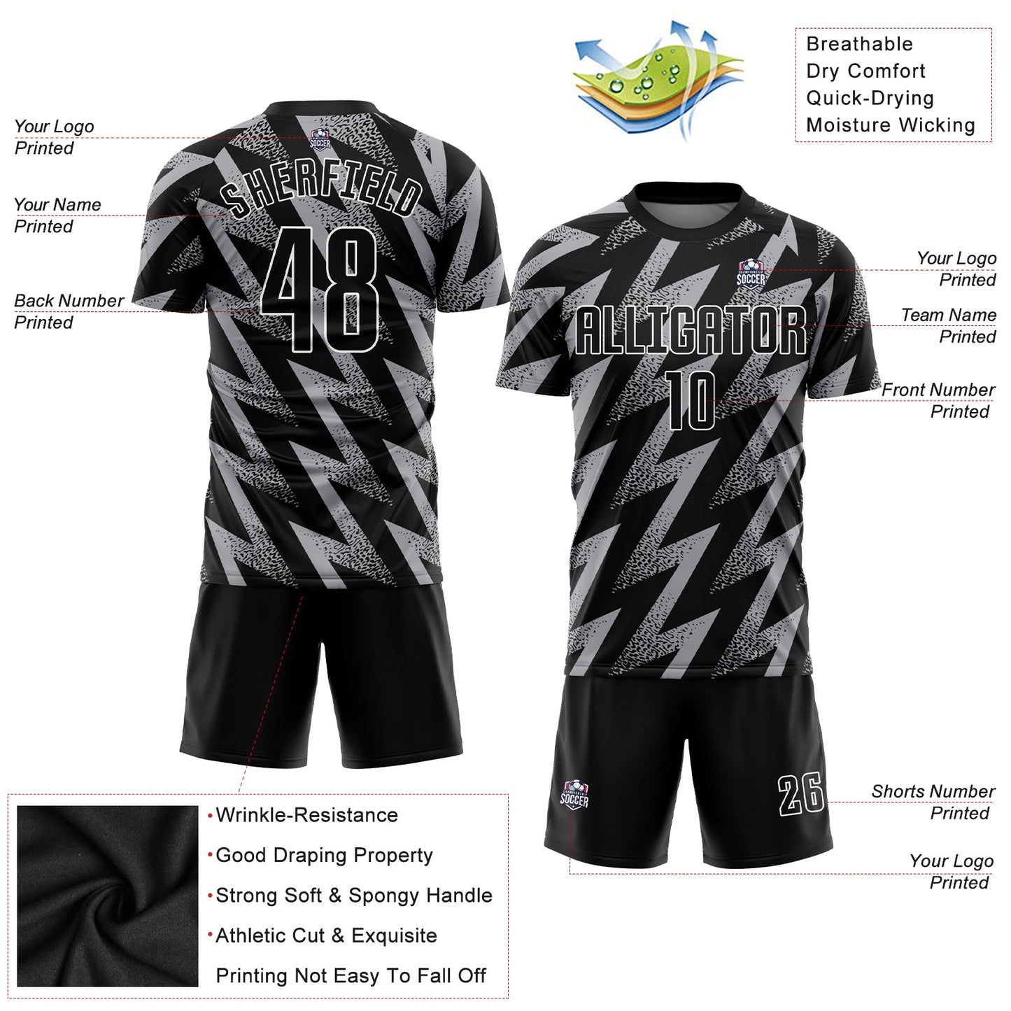 Custom Gray Black-White Sublimation Soccer Uniform Jersey Limited