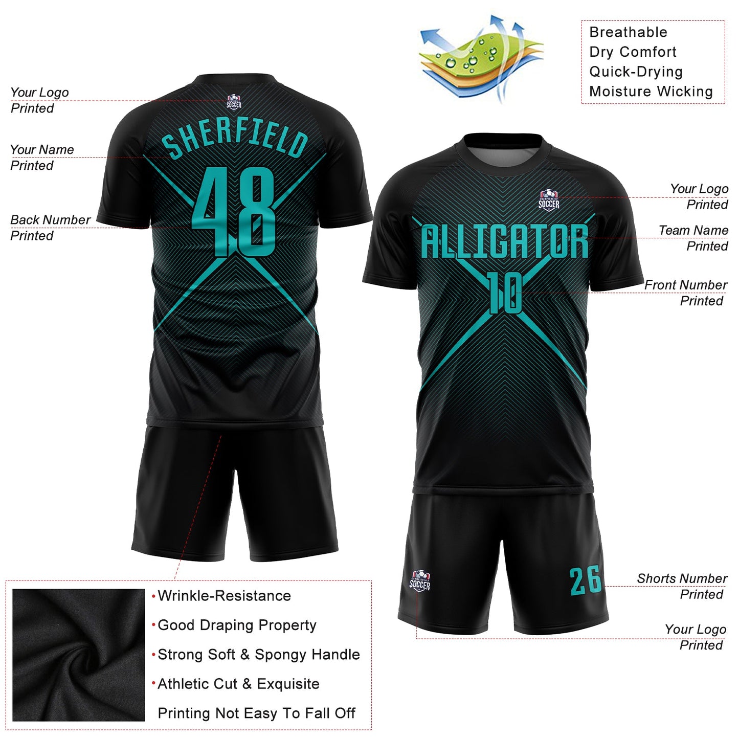 Custom Black Teal Sublimation Soccer Uniform Jersey Limited