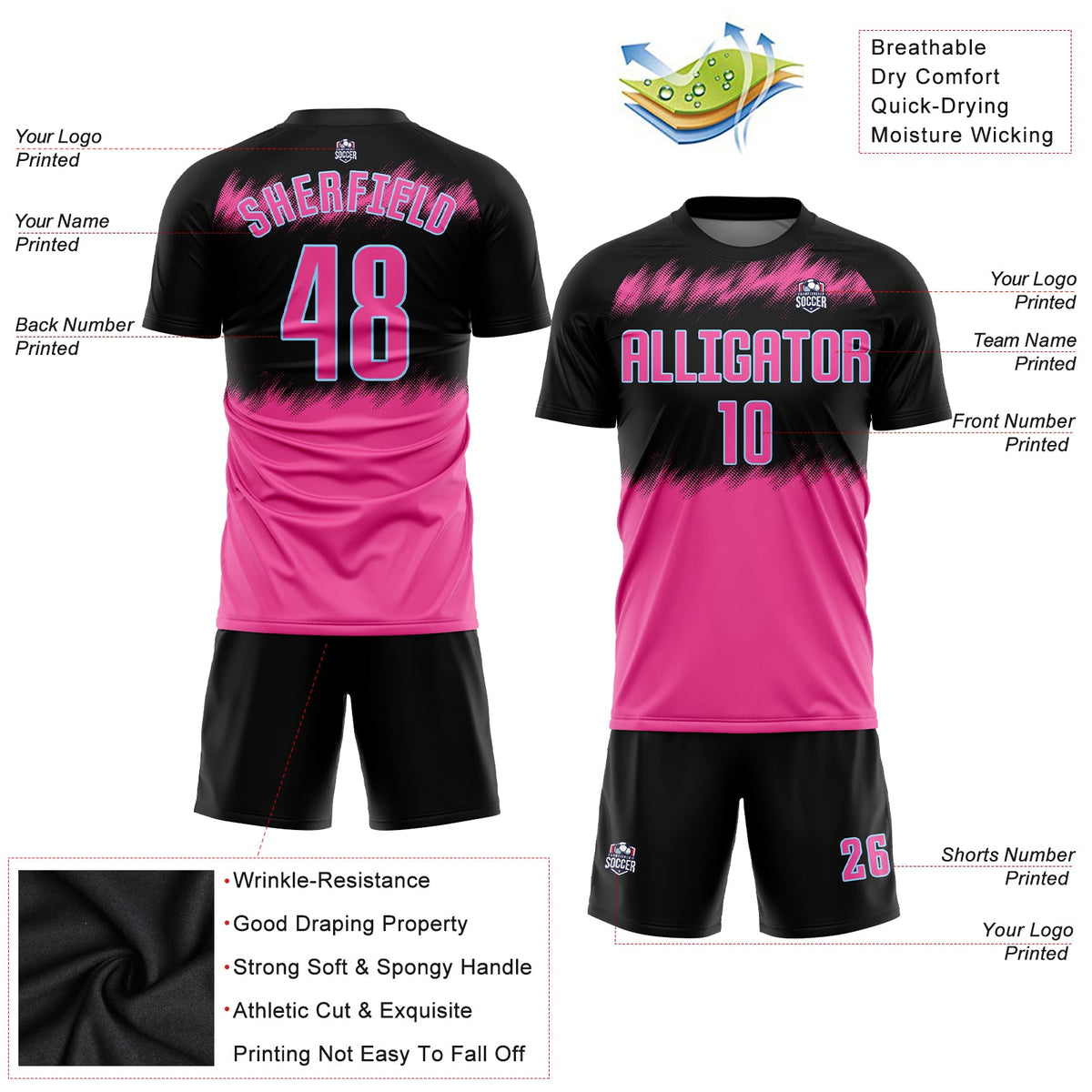 Custom Black Pink-Light Blue Sublimation Soccer Uniform Jersey Limited