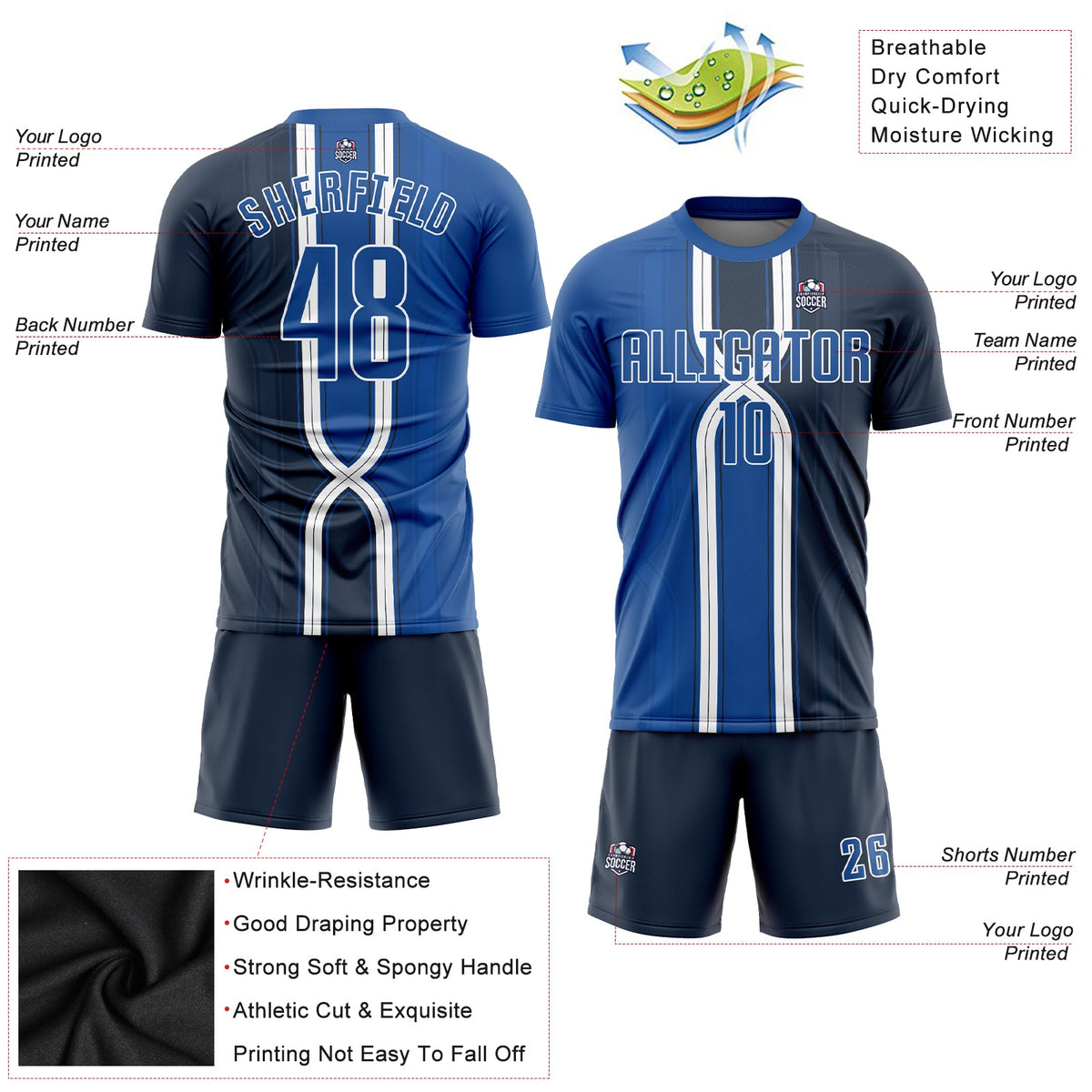 Custom Navy Royal-White Sublimation Soccer Uniform Jersey Limited