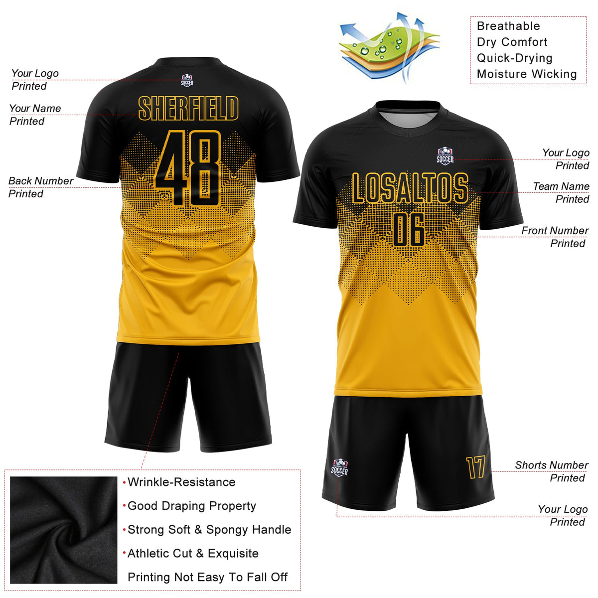 Custom Gold Black Sublimation Soccer Uniform Jersey Limited