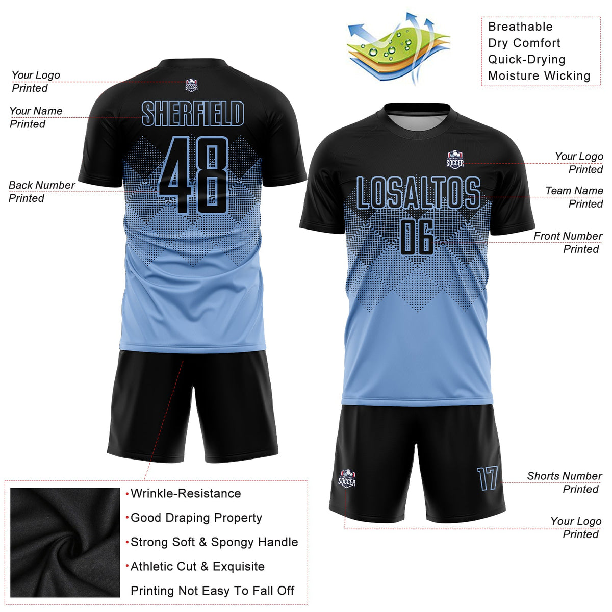 Custom Light Blue Black Sublimation Soccer Uniform Jersey Limited